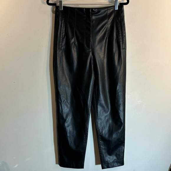 ZARA Sz L Vegan Leather Trouser Pants Pleated Front Straight Leg High Rise Black - Picture 2 of 8